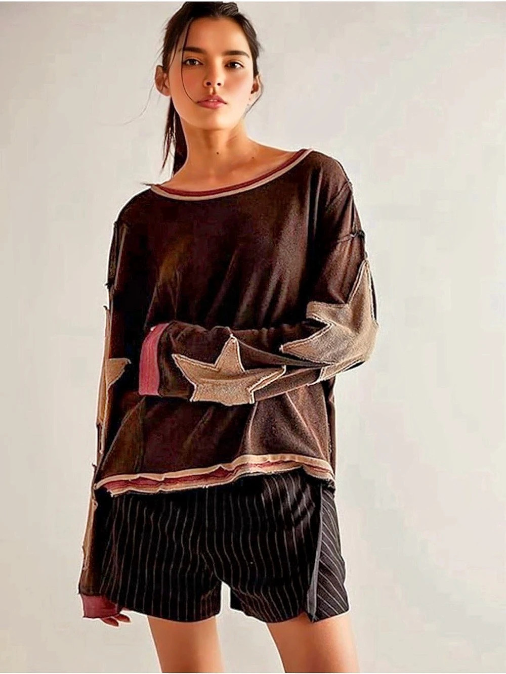 Women Oversized Cotton Long Sleeve Shirts Tops StarCrewneck Pullover Brown Star